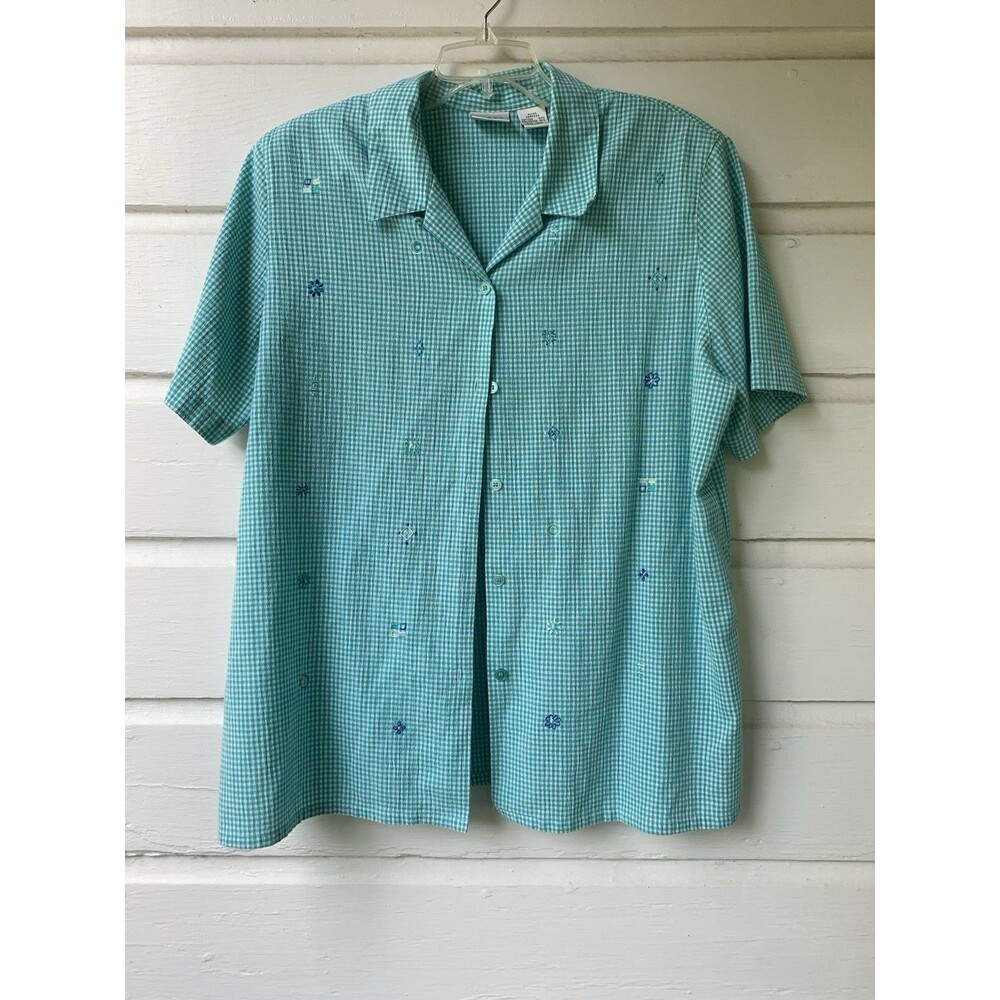 Koret Francisca Button up Blouse Women 18w Plaid Embroideried Teal Green Vtg